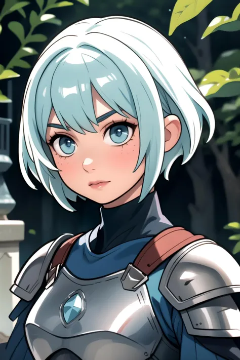 centered, upper body, award winning upper body portrait, (detailed face), (beautiful detailed eyes:1.2), | solo, knight woman, short hair, aqua hair color, light blue eyes, (black knight tight armor), symetrical and detailed armor, | fantasy town, medieval, european street, | bokeh, depht of field, | hyperealistic shadows, smooth detailed, blurred background, |