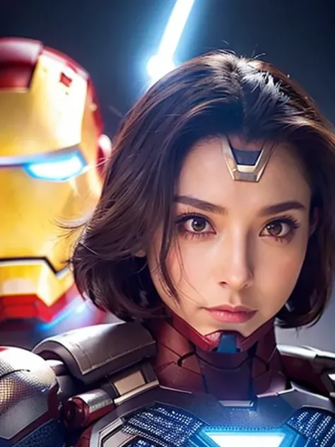 a cute girl, solo, black shaggy hair, ((Beautiful female super hero)), wearing a thick armored suit, looking at viewer,white skin,on eye level, ((Iron man suit and glowing arc reactor)), (real person:1.2), (realistic:1.2), (photorealistic:1.2),(masterpiece),(best quality), (half portrait), <lora:yurisaLora_v40:0.8>
