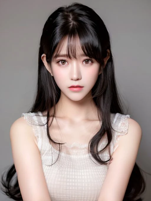 a cute girl, solo, black shaggy hair, full lips, a sultry gaze, school uniform, blush, delicate face, delicate figure, white skin, professional lighting, photon mapping, radiosity, physically-based rendering, (real person:1.2), (realistic:1.2), (high detailed skin, skin details), (photorealistic:1.2),(masterpiece),(best quality),(Asian girl) <lora:yurisaLora_v40:1>