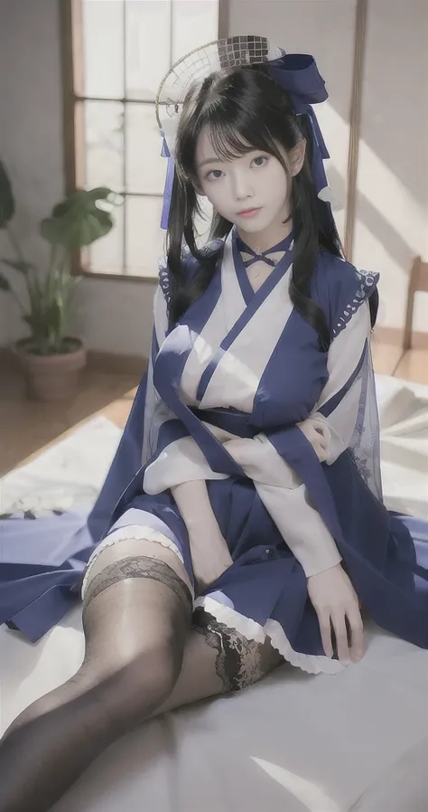 masterpiece,best quality,official art,extremely detailed CG unity 8k wallpaper, intense shadows,1girl, naked,covering breasts,cinematic light,[Lace, flower,[tattoo]],transparent clothes,clear facial features,more detailed,beautiful leg,black stockings,<lora:guofeng3Lora_v32LoraBigLight:0.5>,ribbon_choker,very huge  breast,black pantyhose,black kneehighs,wet,<lora:yurisaLora_v30:0.8>, <lora:hanfu_v28:0.4>,hanfu