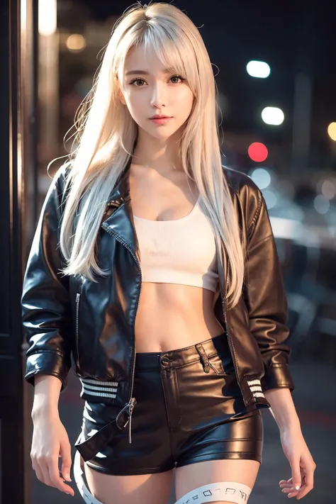 (RAW photo, best quality), (realistic, photo-realistic:1.3), masterpiece, extremely delicate and beautiful, extremely detailed, 8k, Amazing, finely detail, ultra-detailed, highres, absurdres,
1girl, young, mature female, mature face, intricate details, shiny skin, BREAK
soft light, best illumination, High contrast, caustics, beautiful detailed glow, centered,
(white hair:1.3), long hair, straight hair, blunt bangs,
beautiful detailed girl, detailed fingers, detailed eyes and face, detailed nose, detailed eyes, detailed lips, detailed hair, (closed mouth:1.4), semi smile, light smile, looking at viewer, BREAK
(cowboy shot:1.3), (standing:1.3), dynamic pose, from front, front view,
(small breasts:1.3), realistic face, realistic body, detailed thigh, detailed legs, detailed feet, detailed knee, detailed fingers,
(ulzzang-6500-v1.1:0.8), BREAK
(intricate leather jacket with tape:1.4), (black shirt:1.1), (black pants with tape:1.1),
night club, bar,
<lora:yurisaLora_v40:0.6>,