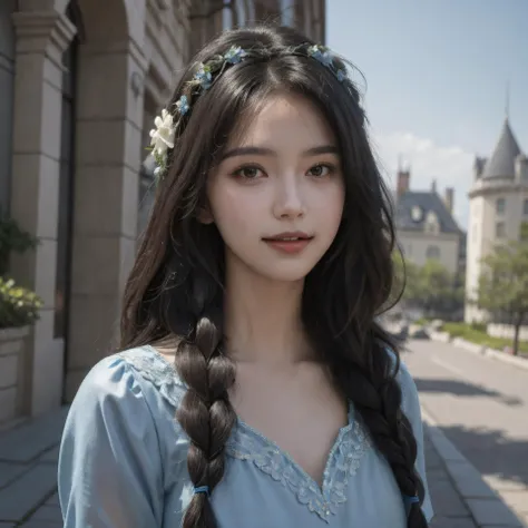 Best quality, masterpiece, ultra high res, (photorealistic, detailed face :1.4), 1girl, deep shadow, shiny skin, smile,
medium breast, slim leg,
filmg2,
<lora:FilmG2:0.6>
<lora:yurisaLora_v40:0.3> <lora:sexylegs_v10:0.3> <lora:HaremDancer_v1:0.3> <lora:breastinclassBetter_v141:0.3>, A young beautiful female is in a fantasy movie. She is standing in front of a castle wearing a long flowy light blue dress, silver sandals, and a flower crown. Her long black hair is braided.