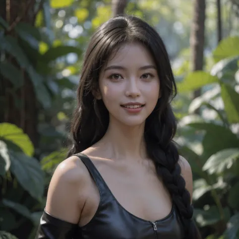 Best quality, masterpiece, ultra high res, (photorealistic, detailed face :1.4), 1girl, deep shadow, shiny skin, smile,
medium breast, slim leg,
filmg2,
<lora:FilmG2:0.6>
<lora:yurisaLora_v40:0.3> <lora:sexylegs_v10:0.3> <lora:HaremDancer_v1:0.3> <lora:breastinclassBetter_v141:0.3>, As she continues sprinting through the rainforest, the young female spy is dressed in all black, from the combat boots to her sleek braid