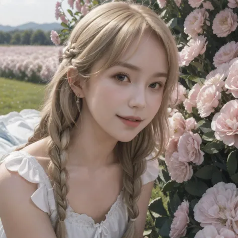 Best quality, masterpiece, ultra high res, (photorealistic, detailed face :1.4), 1girl, deep shadow, shiny skin, smile, 
medium breast, slim leg, (full body, half body), 
filmg2, 
<lora:FilmG2:0.6> 
 <lora:yurisaLora_v40:0.3> <lora:sexylegs_v10:0.3> <lora:HaremDancer_v1:0.3> <lora:breastinclassBetter_v141:0.3>, A young beautiful female character is in a love movie genre scene. She is wearing a long, flowing pink dress with white lace accents. Her blonde hair is tied back in a loose braid with delicate flowers woven in. She is standing in a field of wildflowers, picking them and twirling around happily. Her simple sandals are adorned with small pearl beads and her legs are bare.