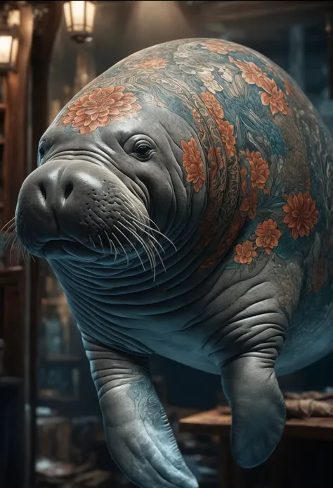 (masterpiece, best quality,detailed light), DonMH4ny4XL, manatee, tattoos, (highres, 4k, 8k, intricate detail, cinematic lighting, amazing quality, amazing shading, soft lighting, Detailed Illustration, wallpaper) <lora:myLoraXL_test\DonMH4ny4XL-000008:0.8>,