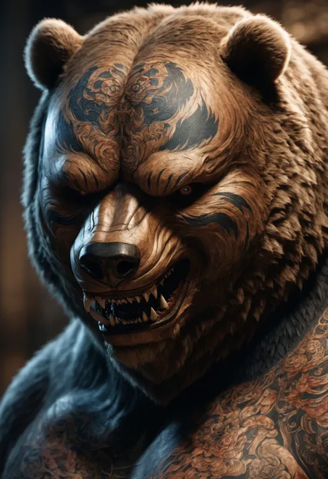 (masterpiece, best quality,detailed light), DonMH4ny4XL, grizzly bear, hannya mask tattoos, (highres, 4k, 8k, intricate detail, cinematic lighting, amazing quality, amazing shading, soft lighting, Detailed Illustration, wallpaper) <lora:myLoraXL_test\DonMH4ny4XL-000008:0.8>,