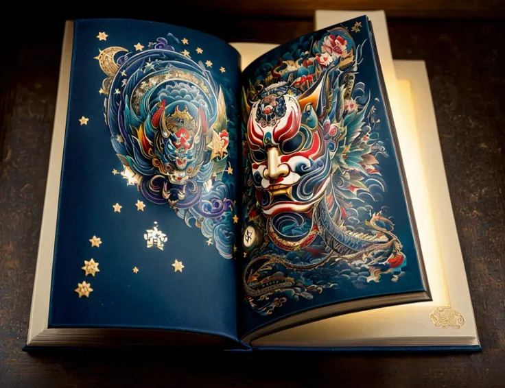 masterpiece, awesome quality, cinematic lighting, detailed, DonMH4ny4 large print book, clothbound, star stuff (a fictional substance), , hannya, tattoo <lora:DonMH4ny4:0.8>