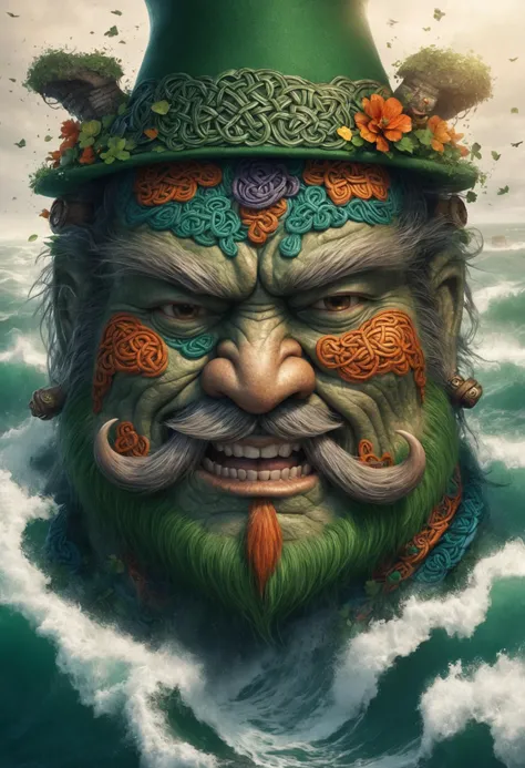DonMP41n717Bl4ckXL DonMD347hM374lXL (masterpiece, best quality,detailed light), DonMH4ny4XL, 0.3&&st. patricks day, Celtic knotwork, Lighthearted, Green clothing (all shades), Rainbow decorations, Leprechaun, 0.3&&Cliffs overlooking the ocean, Warm, (stylized with dragons and hannya masks:0.5), (highres, 4k, 8k, intricate detail, cinematic lighting, amazing quality, amazing shading, soft lighting, Detailed Illustration, wallpaper) <lora:myLoraXL_test\DonMH4ny4XL-000008:0.8>, ,