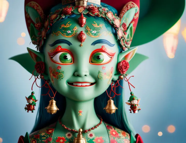 masterpiece illustration, detailed, hires, octane rendering,DonMH4ny4 manananggal, small humanoid creature, pointed ears, bright and festive attire, red, green, holiday colors, pointed hat with a bell on the tip, merry cheerful expression, rosy cheeks, lively eyes, joyful, industrious, and benevolent, task,outdoor activities,Gloomy,inclusive,group activities <lora:DonMH4ny4:1>