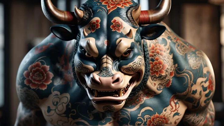 DonMP41n717Bl4ckXL DonMD347hM374lXL (masterpiece, best quality,detailed light), DonMH4ny4XL, cow, yakuza tattoos with dragons and hannya masks, (highres, 4k, 8k, intricate detail, cinematic lighting, amazing quality, amazing shading, soft lighting, Detailed Illustration, wallpaper) <lora:myLoraXL_test\DonMH4ny4XL-000008>,