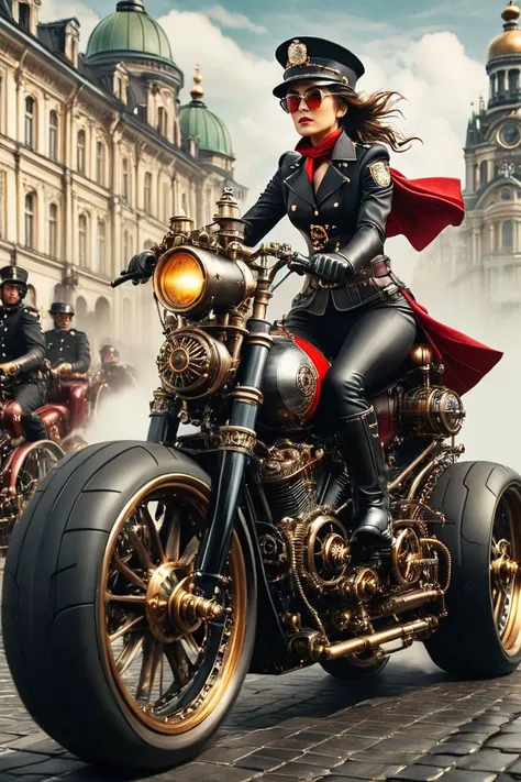 Long Shot, best quality RAW photo of policewoman in black and red steampunk uniform with silver racing glasses and cap carries an officer,
(rides fast) on a (three-wheeled:1.5) big steampunk machine with (large wheels:1.4), color of polished chromium,
cobblestone road, a lively center of Moscow, Retrofuturism of 2100 years,
steampunknoireai <lora:SteamPunkNoireAI:0.75>
