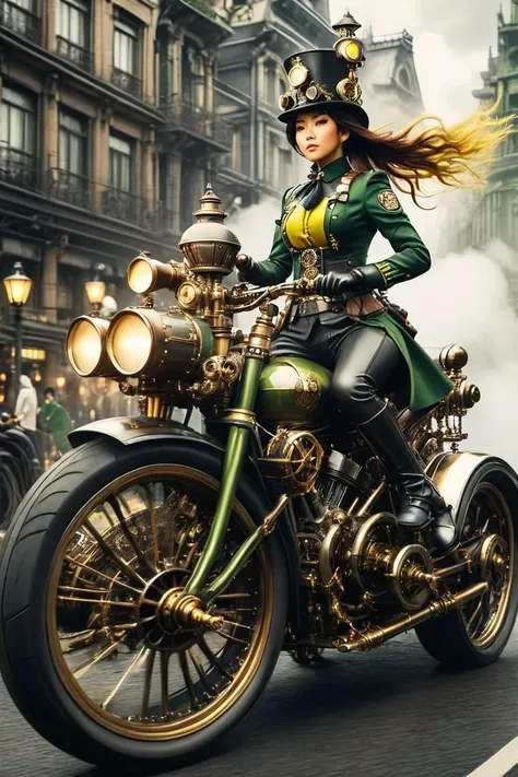 full body shot, best quality RAW  photo of Asian policewoman in yellow-green steampunk uniform,
(rides fast) on a  big steampunk car with (large wheels:1.4), color of polished silver,
cobblestone road, a lively center of Tokyo, Retrofuturism of 2100 years,
steampunknoireai <lora:SteamPunkNoireAI:0.75>, Wide Angle