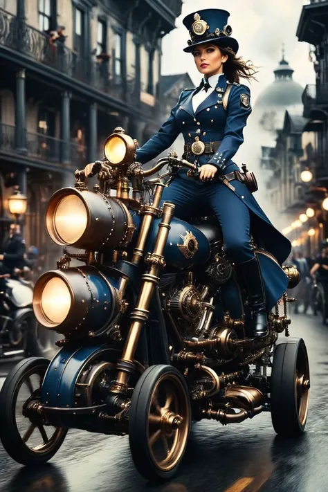 Long Shot, best quality RAW  photo of policewoman in blue-white steampunk uniform, carries an officer,
(rides fast) on a (three-wheeled:1.5) big steampunk machine with (large wheels:1.4), color of polished chromium,
cobblestone road, a lively center of Miami, Retrofuturism  of 2100 years,
steampunknoireai <lora:SteamPunkNoireAI:0.75>