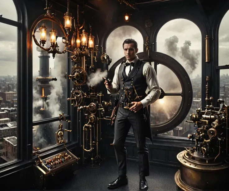 man wearing vest, blouse and pants with a single mechanical arm, behind (a round window showing a crowded city, factory, smokestack, fog) <lora:SteamPunkNoireAI:1> steampunknoireai