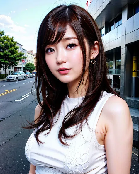 a woman posing on the street corner with white dress on, best quality, high res, 8k, 1girl, (huge breasts), day, bright, outdoor, (street:0.8), (people, crowds:1), (lace-trimmed dress:1.5, white clothes:1.5, white high-neck dress:1.5, sleeveless dress, white dress: 1.5), gorgeous, (medium hair), beautiful detailed sky, beautiful earrings, (dynamic pose:0.8), (upper body:1.2), soft lighting, wind, shiny skin, looking at viewer, smile,(closed mouth:1.5), <lora:JAV_Rina_I_v1.0:0.65>