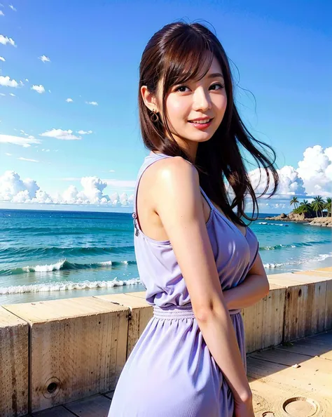 a woman posing on the beach side with light purple long dress on, best quality, high res, 8k, 1girl, (huge breasts), day, bright, (beach:0.8), (people, crowds:1), gorgeous, beautiful detailed sky, beautiful earrings, (dynamic pose:0.8), (full body:0.8), soft lighting, wind, shiny skin, (smile, medium hair), looking at viewer, <lora:JAV_Rina_I_v1.0:0.65>
