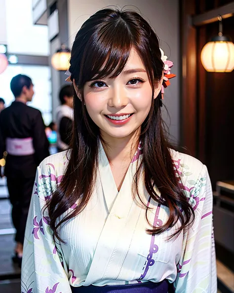 a woman posing on the street corner with Japanese cloth on, best quality, high res, 8k, 1girl, (huge breasts), day, bright, outdoor, (street:0.8), (people, crowds:1), (Japanese cloth:1.5, kimono:1.5), gorgeous, beautiful detailed sky, beautiful earrings, (dynamic pose:0.8), (upper body:1.2), soft lighting, wind, shiny skin, looking at viewer, (smile), teeth, open mouth, (eyes half closed:0.8) <lora:JAV_Rina_I_v1.0:0.65>