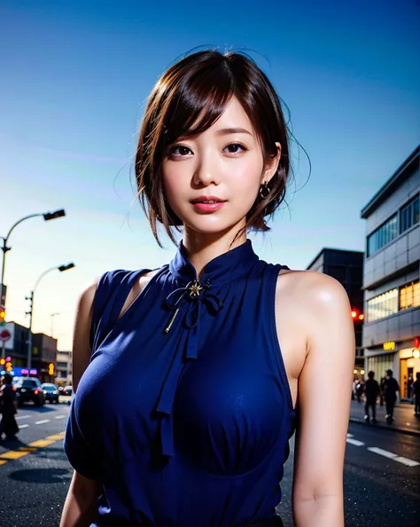 a woman posing on the street corner with blue shirt on, best quality, high res, 8k, 1girl, (huge breasts), day, bright, (street:0.8), (people, crowds:1), gorgeous, beautiful detailed sky, beautiful earrings, (dynamic pose:0.8), (upper body:1.2), soft lighting, wind, shiny skin, (smile, short hair), closed mouth, looking at viewer, <lora:JAV_Rina_I_v1.0:0.65>