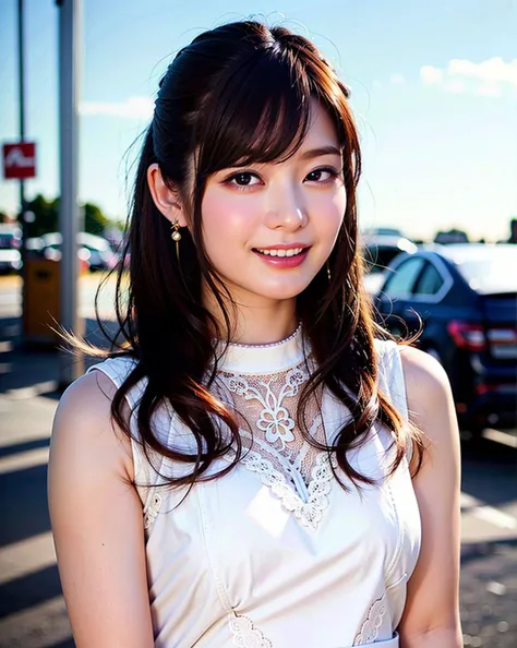 a woman posing on the street corner with white dress on, best quality, high res, 8k, 1girl, (huge breasts), day, bright, outdoor, (street:0.8), (people, crowds:1), (lace-trimmed dress:1.5, white clothes:1.5, white high-neck dress:1.5, sleeveless dress, white dress: 1.5), gorgeous, (medium hair), beautiful detailed sky, beautiful earrings, (dynamic pose:0.8), (upper body:1.2), soft lighting, wind, shiny skin, looking at viewer, (smile:1.5, open mouth, teeth), eyes half closed, <lora:JAV_Rina_I_v1.0:0.65>