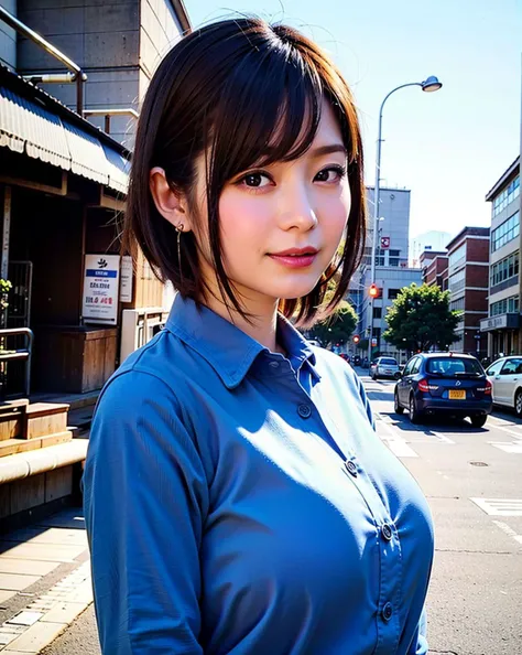 a woman posing on the street corner with blue shirt on, best quality, high res, 8k, 1girl, (huge breasts), day, bright, (street:0.8), (people, crowds:1), gorgeous, beautiful detailed sky, beautiful earrings, (dynamic pose:0.8), (upper body:1.2), soft lighting, wind, shiny skin, (smile, short hair), closed moth, looking at viewer, eyes half closed,<lora:JAV_Rina_I_v1.0:0.65>