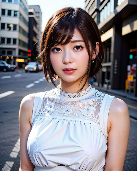 a woman posing on the street corner with white dress on, best quality, high res, 8k, 1girl, (huge breasts), day, bright, outdoor, (street:0.8), (people, crowds:1), (lace-trimmed dress:1.5, white clothes:1.5, white high-neck dress:1.5, sleeveless dress, white cloths: 1.5), gorgeous, (bangs:1.5,short hair), beautiful detailed sky, beautiful earrings, (dynamic pose:0.8), (upper body:1.2), soft lighting, wind, shiny skin, looking at viewer, smile,(open mouth), <lora:JAV_Rina_I_v1.0:0.65>