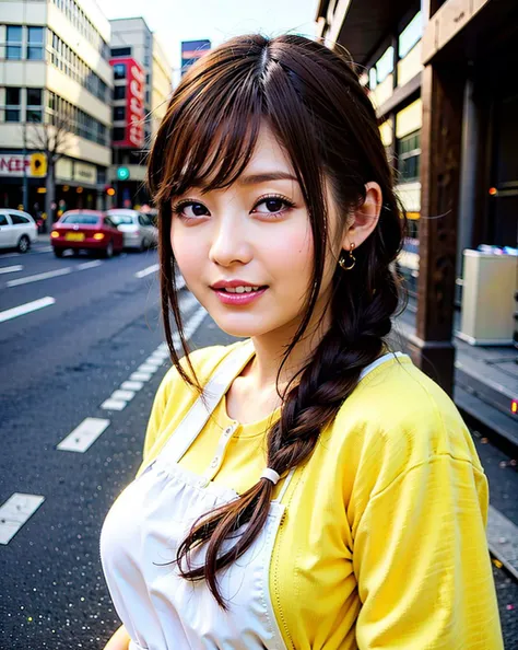 a woman posing on the street corner with yellow shirt on, best quality, high res, 8k, 1girl, (huge breasts), day, bright, outdoor, (street:0.8), (people, crowds:1), gorgeous, beautiful detailed sky, beautiful earrings, (dynamic pose:0.8), (upper body:1.2), soft lighting, wind, shiny skin, (smile, braided hair), teeth, open mouth, looking at viewer, <lora:JAV_Rina_I_v1.0:0.65>