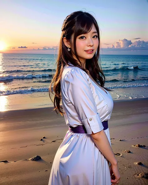 a woman posing on the beach side with light purple long dress on, best quality, high res, 8k, 1girl, (huge breasts), day, bright, (beach:0.8), (people, crowds:1), gorgeous, beautiful detailed sky, beautiful earrings, (dynamic pose:0.8), (full body:0.8), soft lighting, wind, shiny skin, (smile, medium hair), looking at viewer, <lora:JAV_Rina_I_v1.0:0.65>