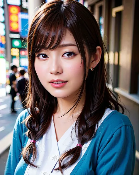a woman posing on the street corner with blue shirt on, best quality, high res, 8k, 1girl, (huge breasts), day, bright, (street:0.8), (people, crowds:1), gorgeous, beautiful detailed sky, beautiful earrings, (dynamic pose:0.8), (upper body:1.2), soft lighting, wind, shiny skin, (smile, braided hair), teeth, open mouth, looking at viewer, eyes half closed,<lora:JAV_Rina_I_v1.0:0.65>