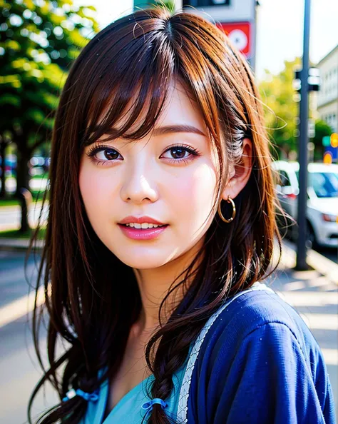 a woman posing on the street corner with blue shirt on, best quality, high res, 8k, 1girl, (huge breasts), day, bright, (street:0.8), (people, crowds:1), gorgeous, beautiful detailed sky, beautiful earrings, (dynamic pose:0.8), (upper body:1.2), soft lighting, wind, shiny skin, (smile, braided hair), teeth, open mouth, looking at viewer, eyes half closed,<lora:JAV_Rina_I_v1.0:0.65>