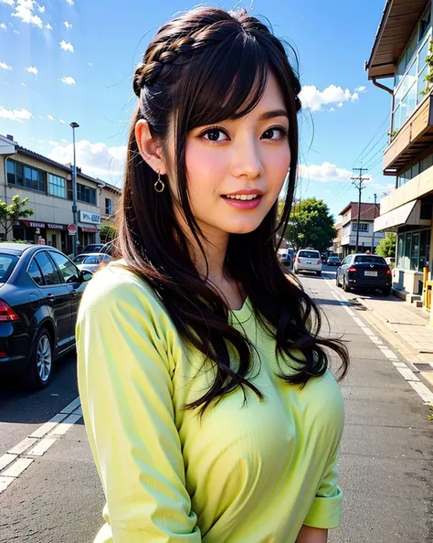 a woman posing on the street corner with yellow shirt on, best quality, high res, 8k, 1girl, (), day, bright, outdoor, (street:0.8), (people, crowds:1), gorgeous, beautiful detailed sky, beautiful earrings, (dynamic pose:0.8), (upper body:1.2), soft lighting, wind, shiny skin, (smile, braided hair), teeth, open mouth,  looking at viewer, <lora:JAV_Rina_I_v1.0:0.65>