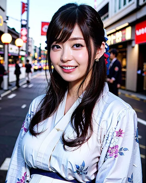 a woman posing on the street corner with Japanese cloth on, best quality, high res, 8k, 1girl, (huge breasts), day, bright, outdoor, (street:0.8), (people, crowds:1), (Japanese cloth:1.5, kimono:1.5), gorgeous, beautiful detailed sky, beautiful earrings, (dynamic pose:0.8), (upper body:1.2), soft lighting, wind, shiny skin, looking at viewer, (smile), teeth, open mouth, (eyes half closed:0.8) <lora:JAV_Rina_I_v1.0:0.65>