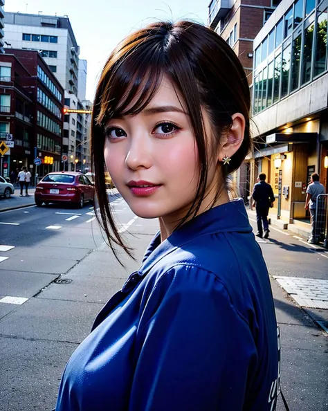 a woman posing on the street corner with blue shirt on, best quality, high res, 8k, 1girl, (huge breasts), day, bright, (street:0.8), (people, crowds:1), gorgeous, beautiful detailed sky, beautiful earrings, (dynamic pose:0.8), (upper body:1.2), soft lighting, wind, shiny skin, (smile, short hair), closed mouth, looking at viewer, <lora:JAV_Rina_I_v1.0:0.65>