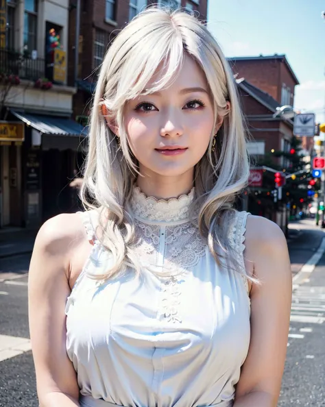 a woman posing on the street corner with white dress on, best quality, high res, 8k, 1girl, (huge breasts), day, bright, outdoor, (street:0.8), (people, crowds:1), (lace-trimmed dress:1.5, white clothes:1.5, white high-neck dress:1.5, sleeveless dress, white dress: 1.5), gorgeous, (wavey hair,white hair:1.5), beautiful detailed sky, beautiful earrings, (dynamic pose:0.8), (upper body:1.2), soft lighting, wind, shiny skin, looking at viewer, smile, (closed mouth:1.5), <lora:JAV_Rina_I_v1.0:0.65>