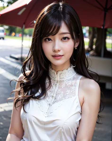 a woman posing on the street corner with white dress on, best quality, high res, 8k, 1girl, (huge breasts), day, bright, outdoor, (street:0.8), (people, crowds:1), (lace-trimmed dress:1.5, white clothes:1.5, white high-neck dress:1.5, sleeveless dress, white dress: 1.5), gorgeous, (wavey hair,black hair:1.5), beautiful detailed sky, beautiful earrings, (dynamic pose:0.8), (upper body:1.2), soft lighting, wind, shiny skin, looking at viewer, smile, (closed mouth:1.5), <lora:JAV_Rina_I_v1.0:0.65>