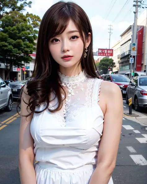 a woman posing on the street corner with white orange dress on, best quality, high res, 8k, 1girl, (huge breasts), day, bright, outdoor, (street:0.8), (people, crowds:1), (lace-trimmed dress:1.5, light white clothes:1.5, white high-neck dress:1.5, sleeveless dress, white dress: 1.5), gorgeous, (medium hair), beautiful detailed sky, beautiful earrings, (dynamic pose:0.8), (upper body:1.2), soft lighting, wind, shiny skin, looking at viewer,  <lora:JAV_Rina_I_v1.0:0.65>