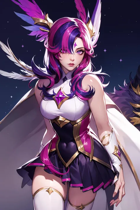 (solo, 1girl), (absurdres, ,highres, official wallpaper, poster), (masterpiece, best quality:1.2), (illustration, realistic), (perfect details, highest detailed, extreme detailed), dramatic light, <lora:starguardianxayah:0.9>, starguardianxayah, (white thighhighs, fingerless gloves, hair ornament, star guardian \(league of legends\), chocker, multicolored hair, pink hair, purple hair, long hair, feather ornament, cloak), (skirt, mature female), (lake)