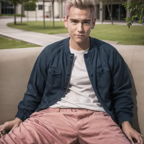 <lora:pyy-noex-000010:0.8>,1boy,solo,male focus,outdoors,blonde hair,cowboy shot,couch,pink hair,