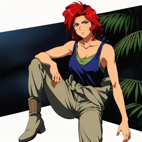 masterpiece,high quality,solo,
<lora:karenjoshua001:0.7>,
karenjoshua,1woman,
medium hair,red hair,hair intakes,blue eyes,closed mouth,expressionless,dark skin,
collarbone,bra strap,tank top,camisole,sleeveless,bare shoulders,
jacket around waist,
pants,
boots,
jungle,