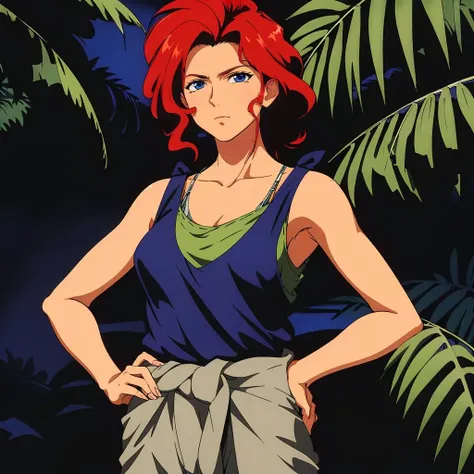 masterpiece,high quality,solo,
<lora:karenjoshua001:0.7>,
karenjoshua,1woman,
medium hair,red hair,hair intakes,blue eyes,closed mouth,expressionless,dark skin,
collarbone,bra strap,tank top,camisole,sleeveless,bare shoulders,
jacket around waist,
pants,
jungle,