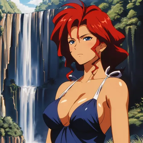 masterpiece,high quality,solo,
<lora:karenjoshua001:0.7>,
karenjoshua,1woman,
medium hair,red hair,hair intakes,blue eyes,closed mouth,expressionless,dark skin,
bikni,
jungle,waterfall basin,river,