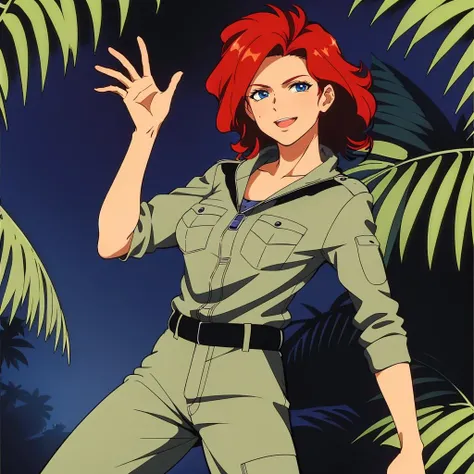 masterpiece,high quality,solo,
<lora:karenjoshua001:0.7>,looking at viewer,smile,open mouth,hand up,
karenjoshua,1woman,
medium hair,red hair,hair intakes,blue eyes,closed mouth,expressionless,dark skin,
breast,jumpsuit,jacket,
pants,
boots,
jungle,standing,