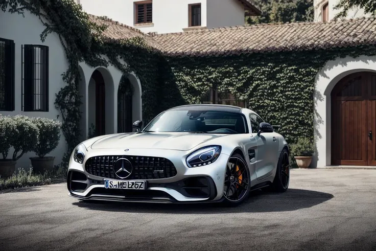 a professional shot of sports car(mercedes_amg_gt_v1-3600:1.0), in front of a old villa,modelshoot style,masterpiece, (extremely detailed CG unity 8k wallpaper),unreal engine, 75mm lens, High Detail, Sharp focus, dramatic, (dimly lit:1.1), <lora:epi_noiseoffset2:0.9>