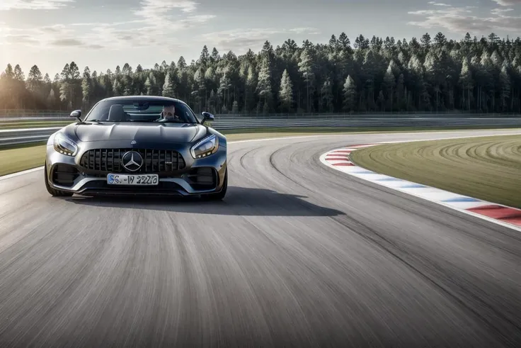 a moving shot of sports car(mercedes_amg_gt_v1-3600:1.0),driving on the german racetrack,modelshoot style,masterpiece, (extremely detailed CG unity 8k wallpaper),unreal engine, 75mm lens,  High Detail, Sharp focus, dramatic, motion blur, led headlights, rule of thirds