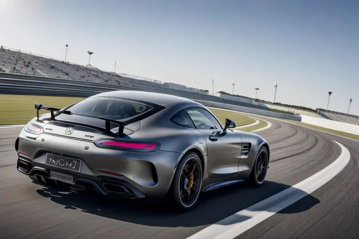 a moving shot of sports car(mercedes_amg_gt_v1-3600:1.0),driving on the dubai racetrack,modelshoot style,masterpiece, (extremely detailed CG unity 8k wallpaper),unreal engine, 75mm lens, High Detail, Sharp focus, dramatic, motion blur