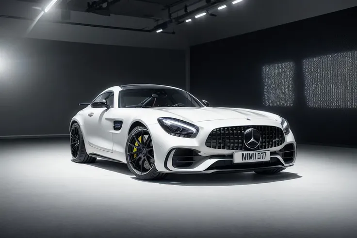 a professional shot of sports car(mercedes_amg_gt_v1-3600:1.0),(in a white studio:1.1), modelshoot style,masterpiece, (extremely detailed CG unity 8k wallpaper),unreal engine, 75mm lens, High Detail, Sharp focus, dramatic, rule of thirds,(neon lights:1.2)