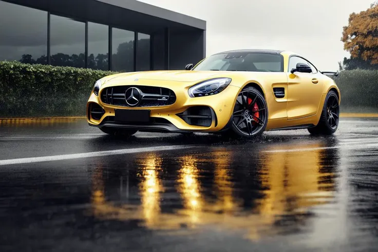 a frontal shot of sports car(mercedes_amg_gt_v1-3600:1.0) in yellow, on a wet parking lot, with a building behind it, modelshoot style, (extremely detailed CG unity 8k wallpaper),unreal engine, 75mm lens, High Detail, Sharp focus, dramatic,rainy day, rule of thirds,
