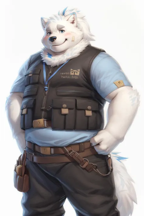 <lora:yohack-05:1>, yohack, blue eyes, musclegut, ponytail, cute, (posing:1.3), (soft shading), 4k, hi res, ((detailed face, detailed)), by zackarry911, by zaush, (by personalami:0.5), looking at viewer, blush, smile, shirt, 1boy, white background, cowboy shot, belt, pants, vest, arms behind back, blue shirt