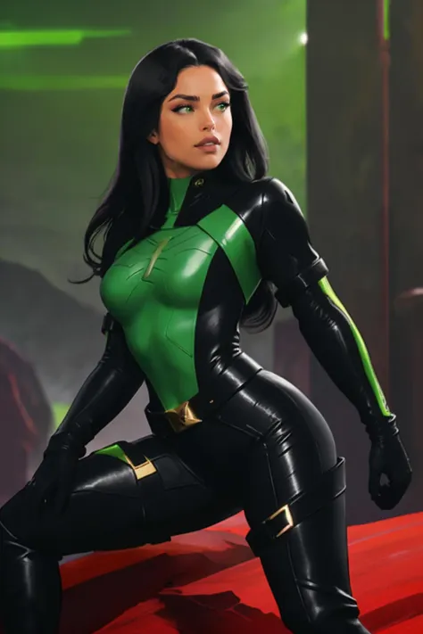 photo of  ohwx woman, valorantViper, green eyes, bodysuit, gloves, belt, thigh boots ,with long black hair and dark theme <lora:Valkyrae:1>  <lora:viper-nvwls-v2:0.4>