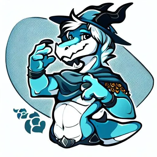 by nowandlater, male, solo, (anthro, dragon, sky blue skin, one skin color, lithe, white hair, black horns, wearing mage outfit,) OverallDetail, sticker, monochrome, color, simple background, solid outline, waist up,