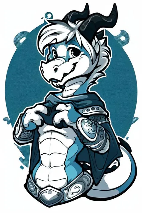 by nowandlater, (anthro, dragon, sky blue skin, lithe, white hair, black horns, wearing mage outfit,) OverallDetail, sticker, monochrome, color, simple background, solid outline, waist up,